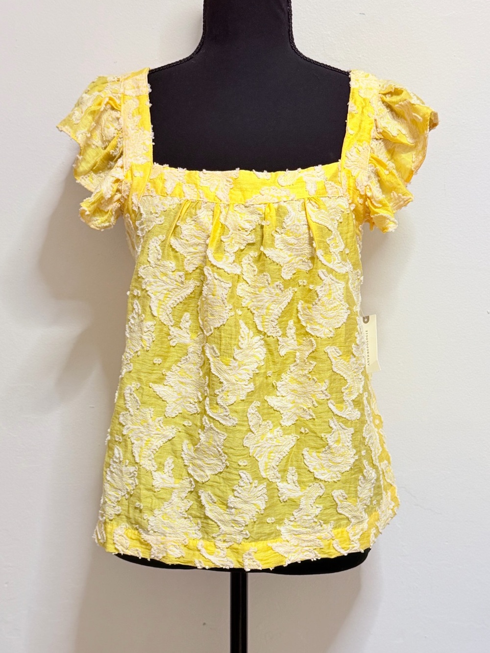 Anthropologie Yellow Floral Embroidered Square-Neck Top small NWT